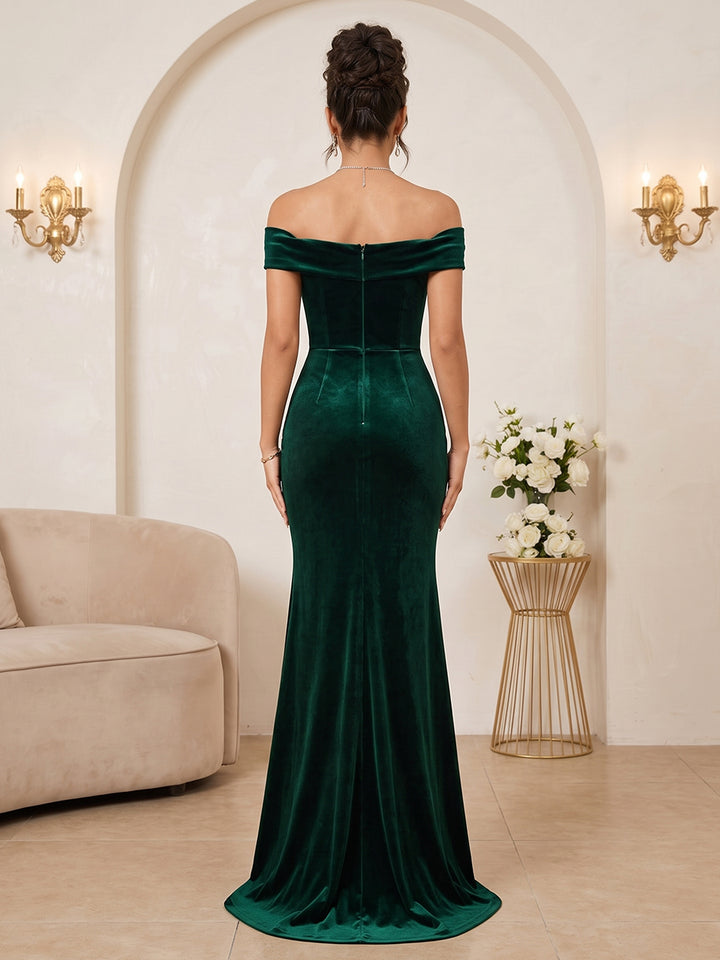 Velvet Mermaid Off the Shoulder Floor Length Ruched Evening Dresses Maxi Formal Dresses