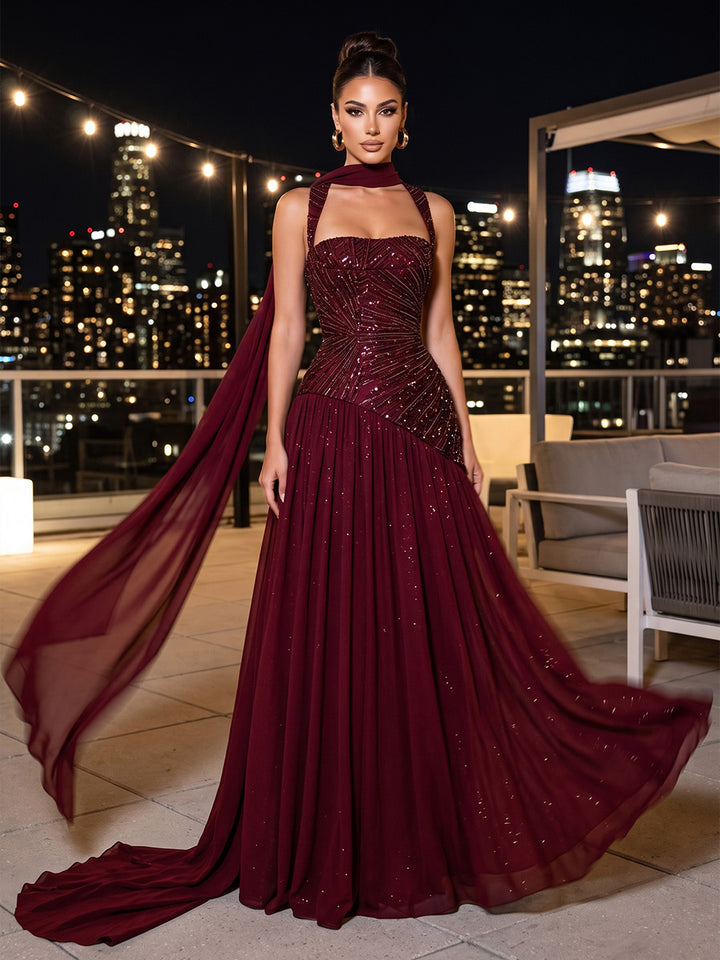 Beaded Sequin Chiffon A Line Spaghetti Straps Floor Length Sleeveless Glitter Evening Dresses with Scarf