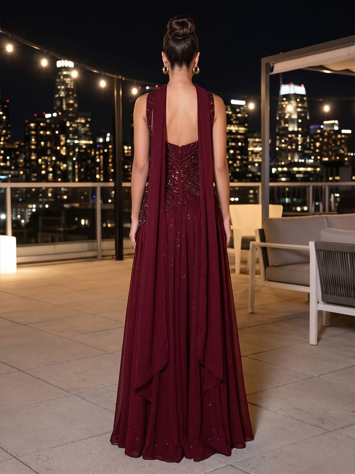 Beaded Sequin Chiffon A Line Spaghetti Straps Floor Length Sleeveless Glitter Evening Dresses with Scarf