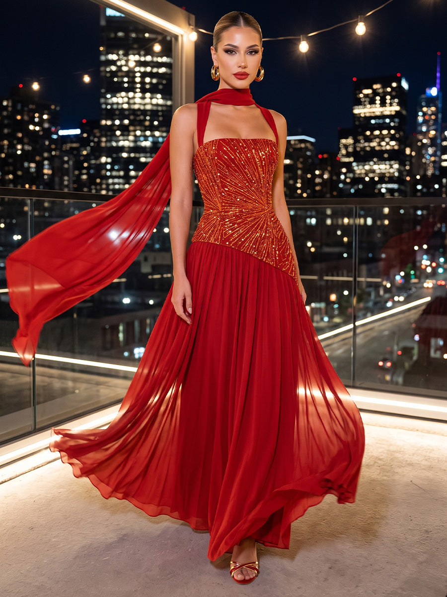 Beaded Sequin Chiffon A Line Spaghetti Straps Floor Length Sleeveless Glitter Evening Dresses with Scarf