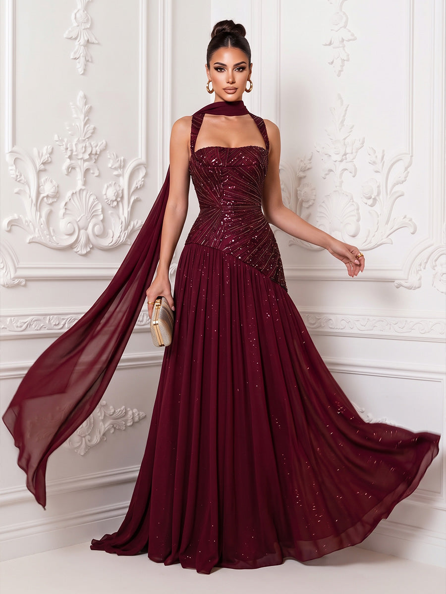Beaded Sequin Chiffon A Line Spaghetti Straps Floor Length Sleeveless Glitter Evening Dresses with Scarf