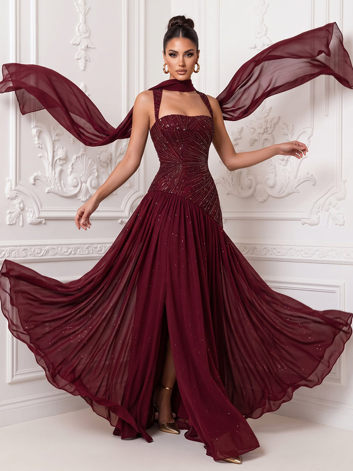 Beaded Sequin Chiffon A Line Spaghetti Straps Floor Length Sleeveless Glitter Evening Dresses with Scarf