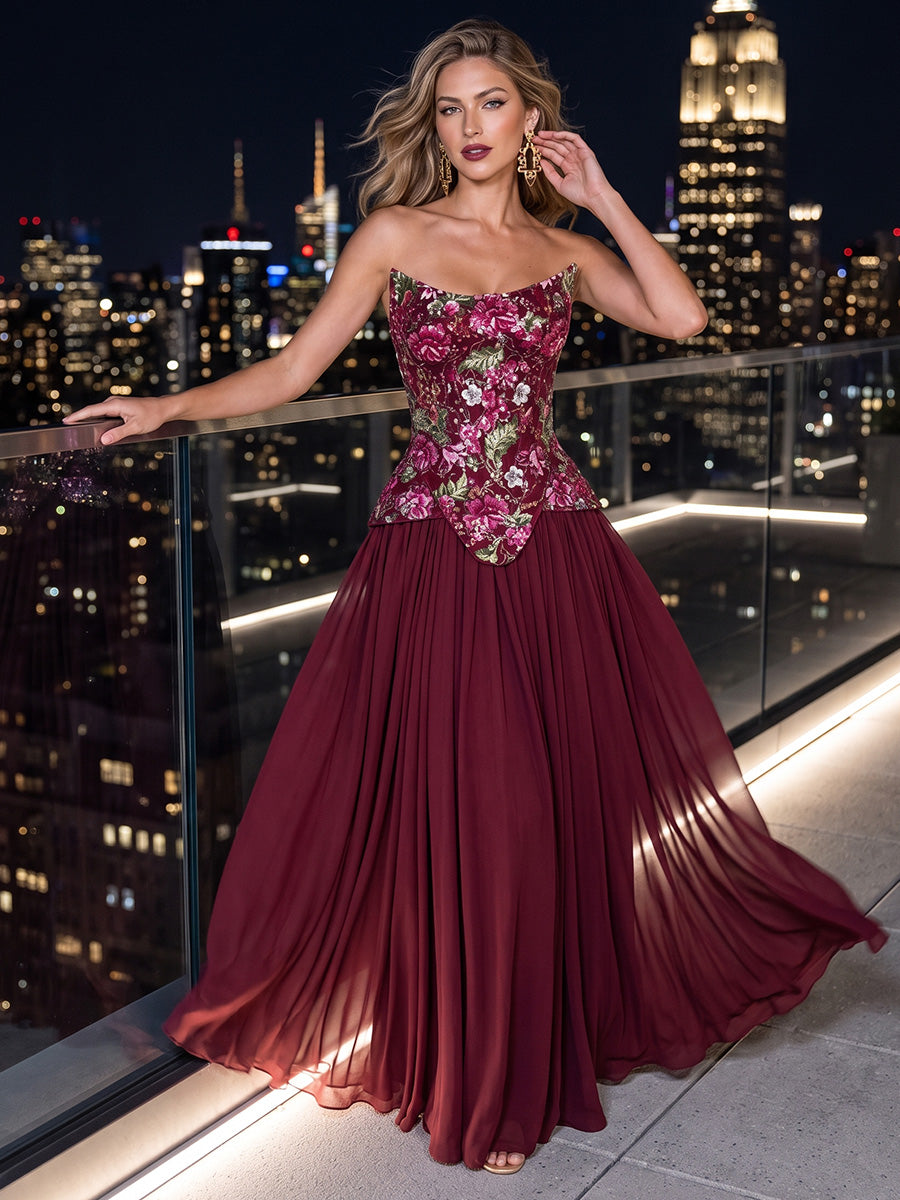 Floral Embroidery Tulle Chiffon A Line Strapless Floor Length Sleeveless Evening Dresses