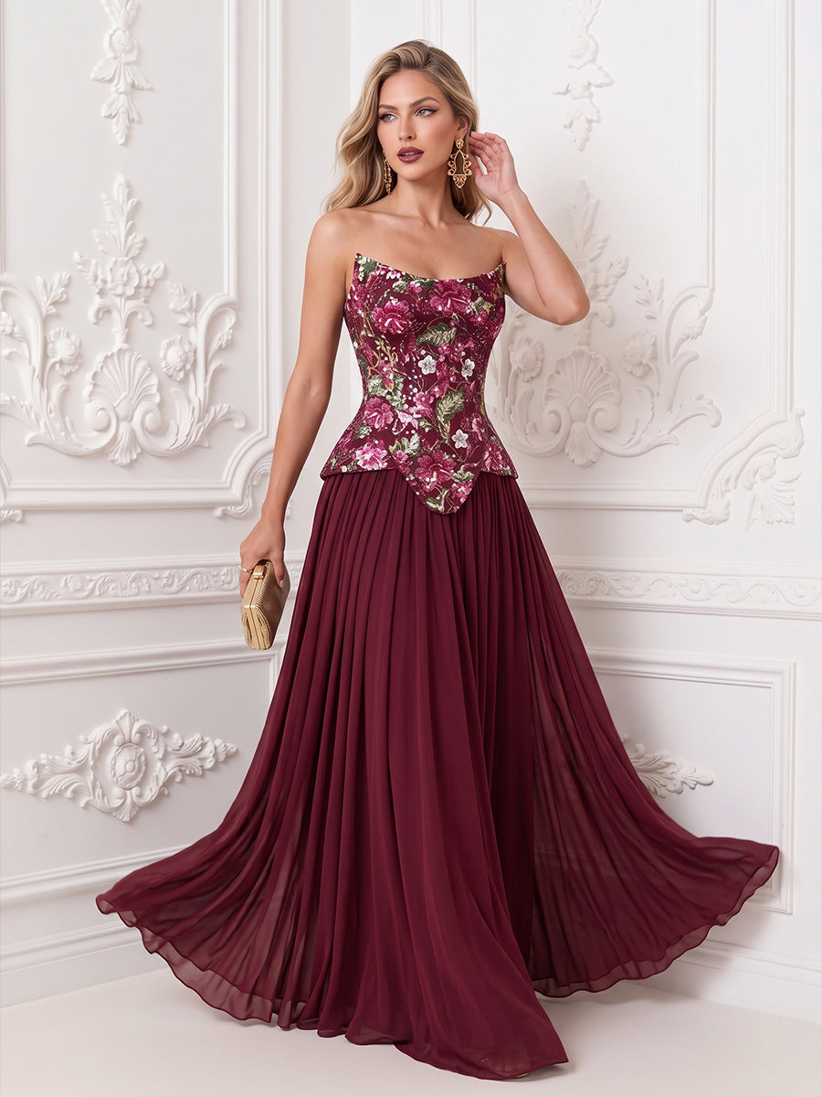Floral Embroidery Tulle Chiffon A Line Strapless Floor Length Sleeveless Evening Dresses