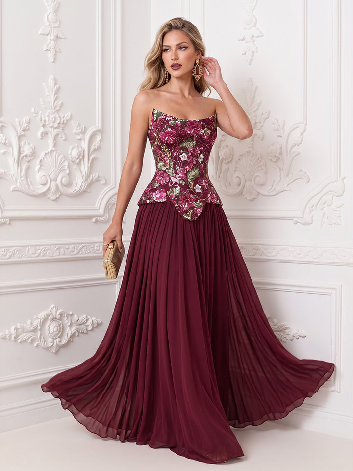 Floral Embroidery Tulle Chiffon A Line Strapless Floor Length Sleeveless Evening Dresses