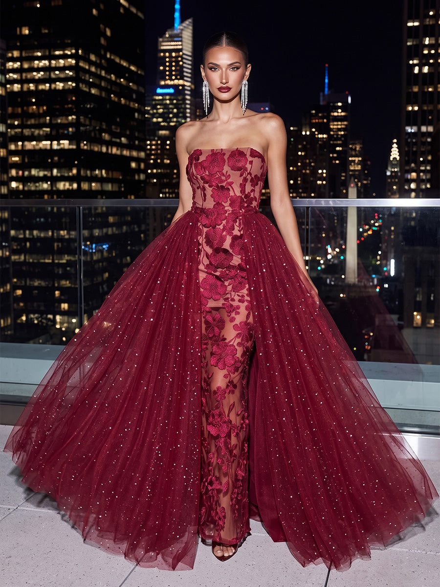 Floral Embroidery A Line Strapless Tulle Floor Length Sleeveless Evening Dresses with Detachable Train