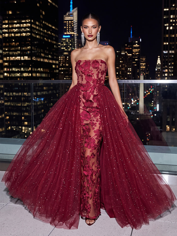 Floral Embroidery A Line Strapless Tulle Floor Length Sleeveless Evening Dresses with Detachable Train