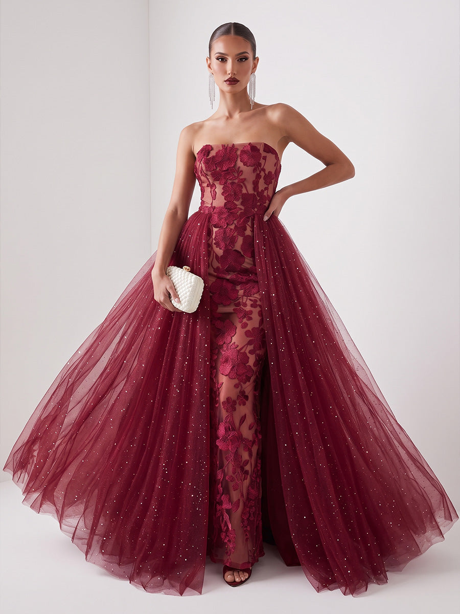 Floral Embroidery A Line Strapless Tulle Floor Length Sleeveless Evening Dresses with Detachable Train
