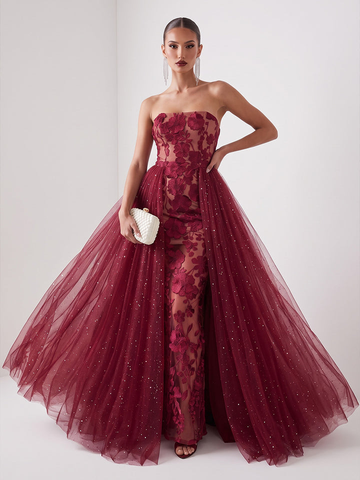 Floral Embroidery A Line Strapless Tulle Floor Length Sleeveless Evening Dresses with Detachable Train