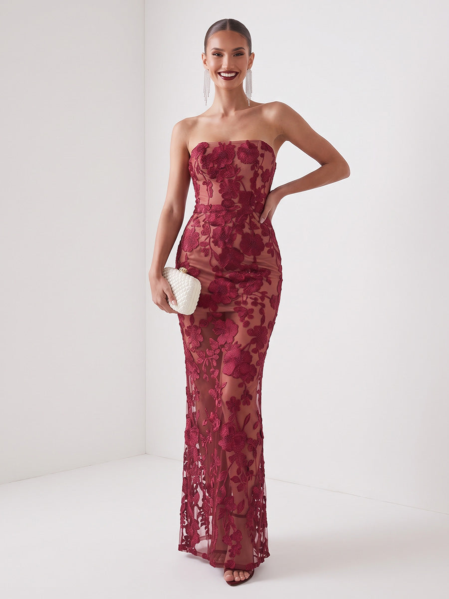 Floral Embroidery A Line Strapless Tulle Floor Length Sleeveless Evening Dresses with Detachable Train
