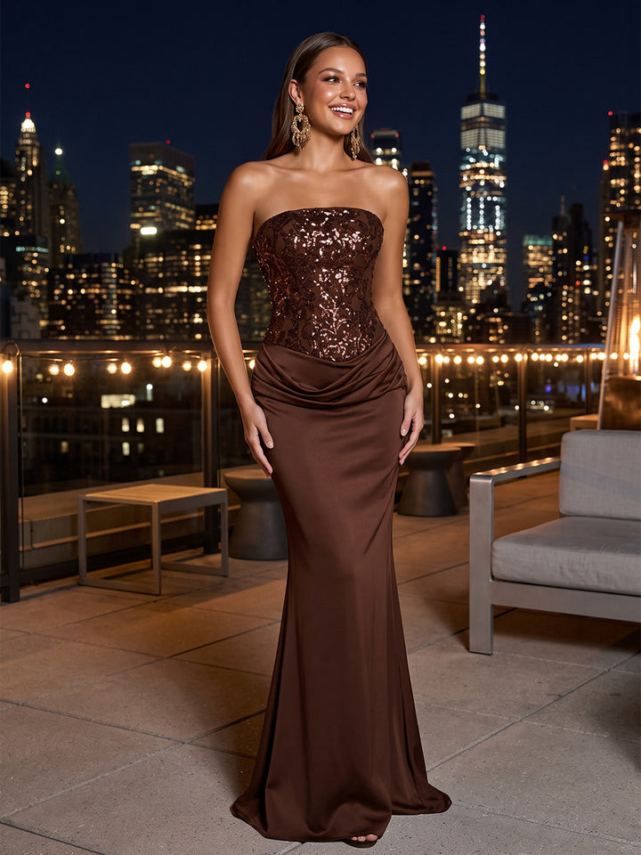 Ruched Solid Sequin Satin Mermaid Strapless Floor Length Sleeveless Glitter Evening Dresses