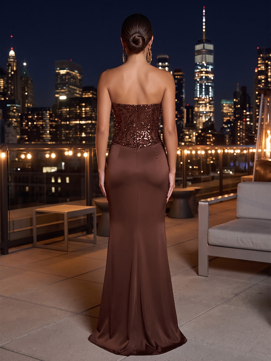 Ruched Solid Sequin Satin Mermaid Strapless Floor Length Sleeveless Glitter Evening Dresses