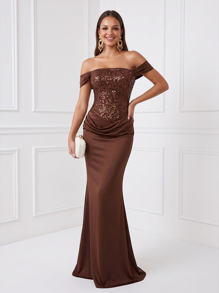 Ruched Solid Sequin Satin Mermaid Strapless Floor Length Sleeveless Glitter Evening Dresses