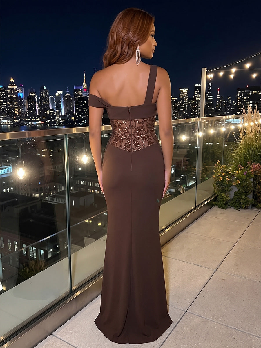 Chiffon One Shoulder Solid Sequin Sheath Floor Length Sleeveless Glitter Evening Dresses