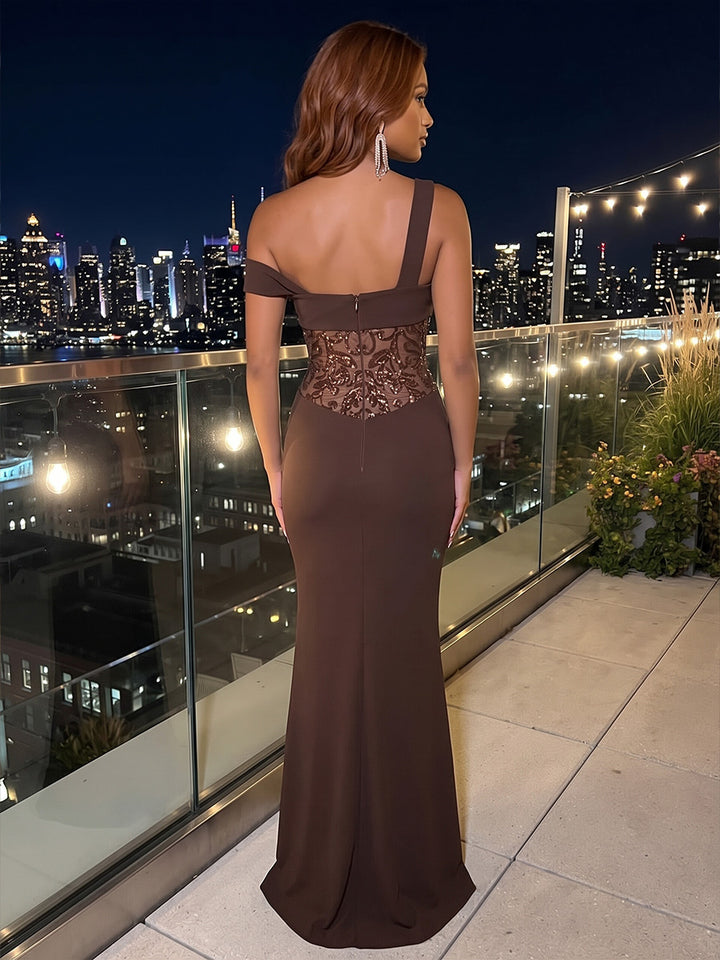 Chiffon One Shoulder Solid Sequin Sheath Floor Length Sleeveless Glitter Evening Dresses