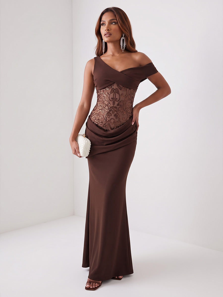 Chiffon One Shoulder Solid Sequin Sheath Floor Length Sleeveless Glitter Evening Dresses