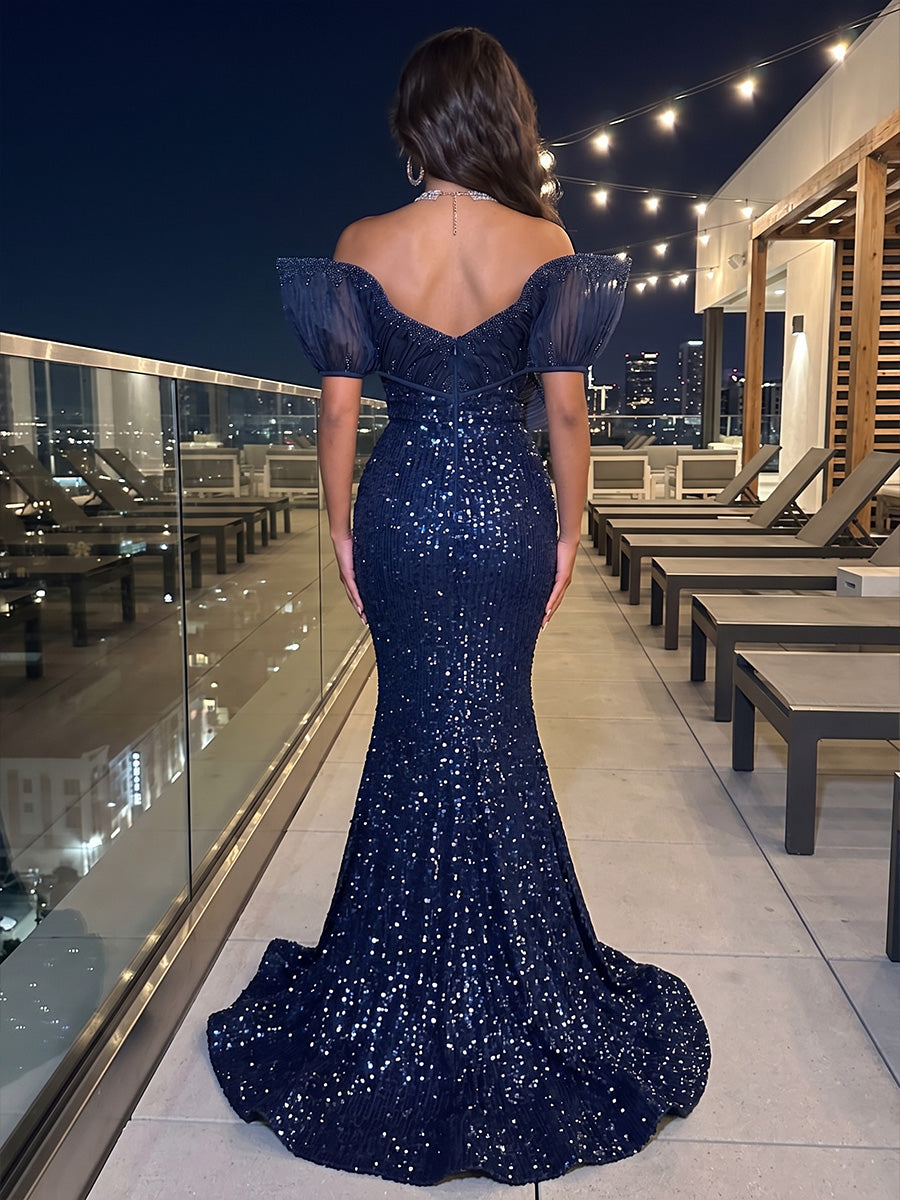 Solid Sequin Organza Mermaid Off the Shoulder Floor Length Sleeveless Ruffled Tulle Evening Dresses