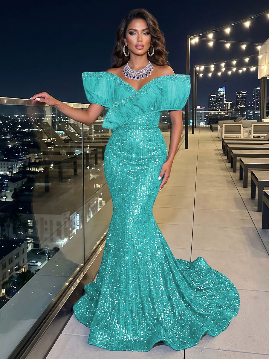 Solid Sequin Organza Mermaid Off the Shoulder Floor Length Sleeveless Ruffled Tulle Evening Dresses