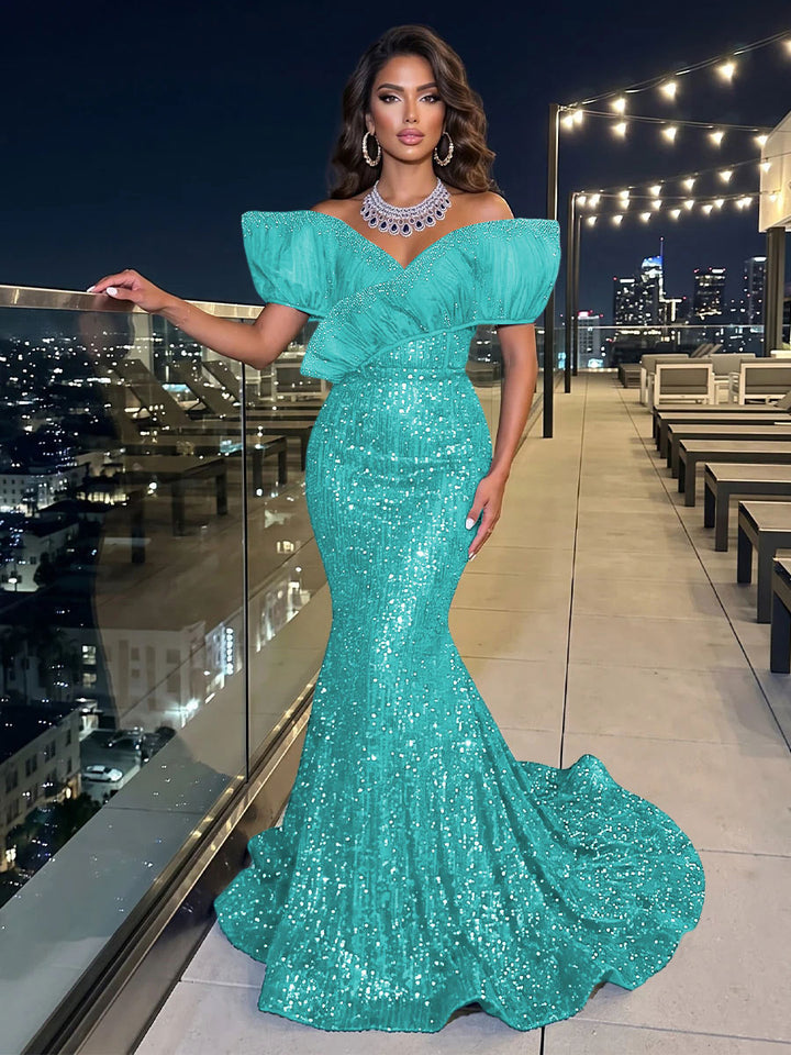 Solid Sequin Organza Mermaid Off the Shoulder Floor Length Sleeveless Ruffled Tulle Evening Dresses