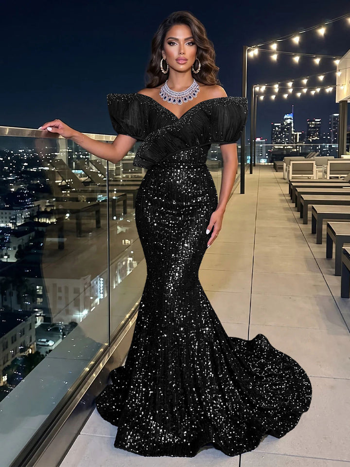 Solid Sequin Organza Mermaid Off the Shoulder Floor Length Sleeveless Ruffled Tulle Evening Dresses