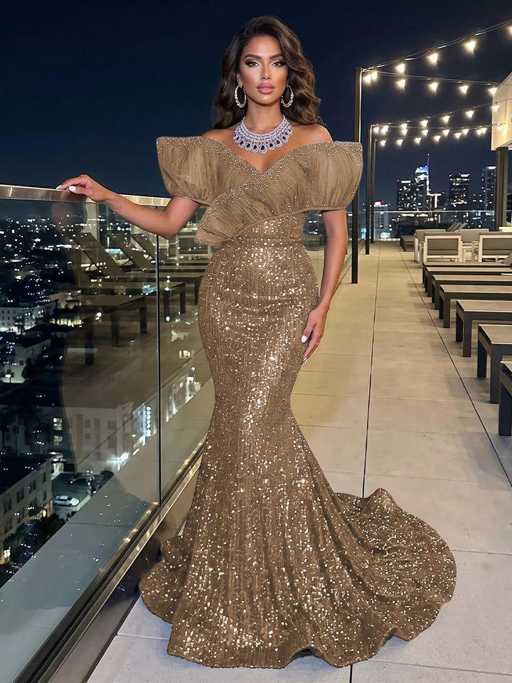 Solid Sequin Organza Mermaid Off the Shoulder Floor Length Sleeveless Ruffled Tulle Evening Dresses