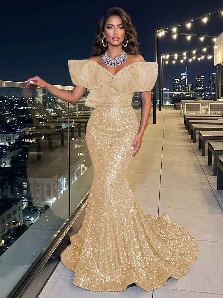 Solid Sequin Organza Mermaid Off the Shoulder Floor Length Sleeveless Ruffled Tulle Evening Dresses