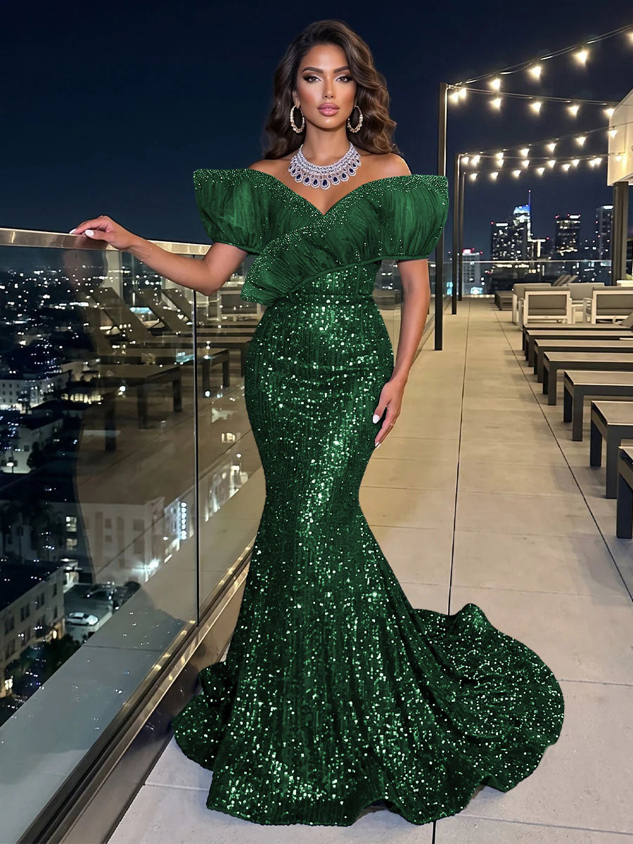 Solid Sequin Organza Mermaid Off the Shoulder Floor Length Sleeveless Ruffled Tulle Evening Dresses