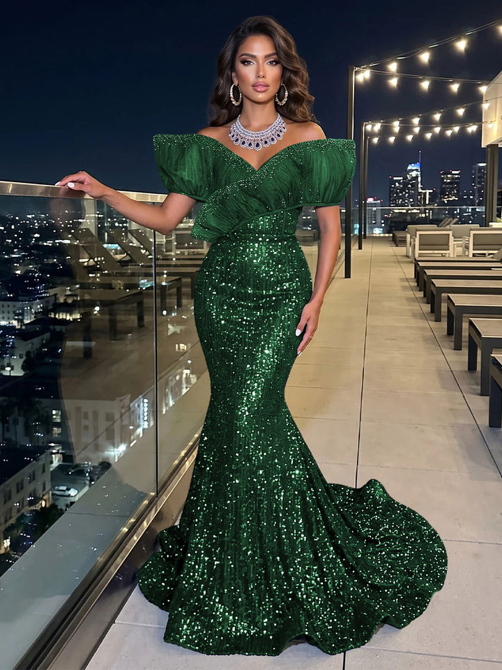 Solid Sequin Organza Mermaid Off the Shoulder Floor Length Sleeveless Ruffled Tulle Evening Dresses