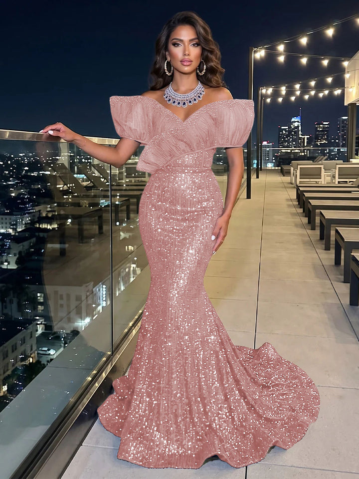 Solid Sequin Organza Mermaid Off the Shoulder Floor Length Sleeveless Ruffled Tulle Evening Dresses