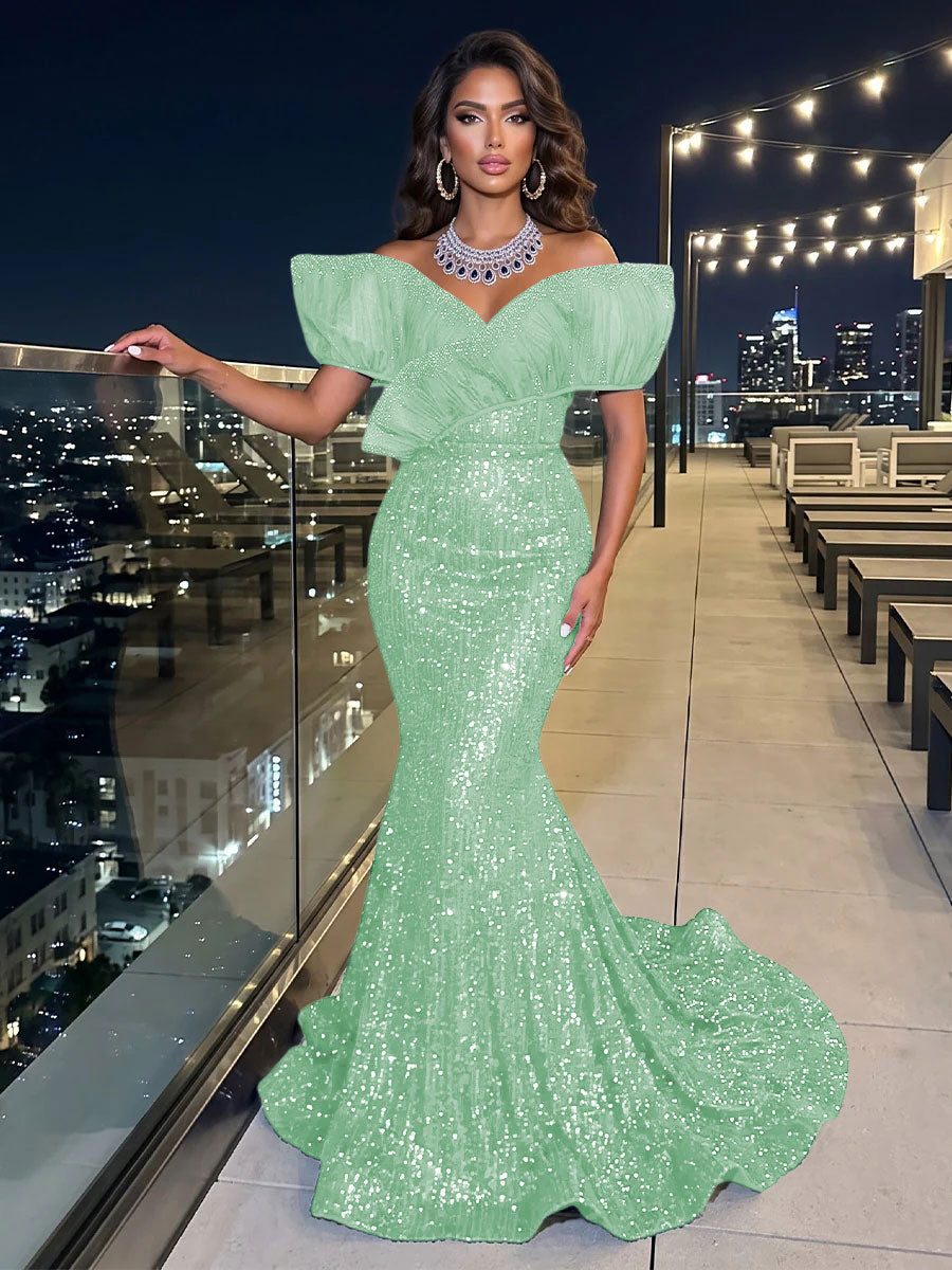 Solid Sequin Organza Mermaid Off the Shoulder Floor Length Sleeveless Ruffled Tulle Evening Dresses