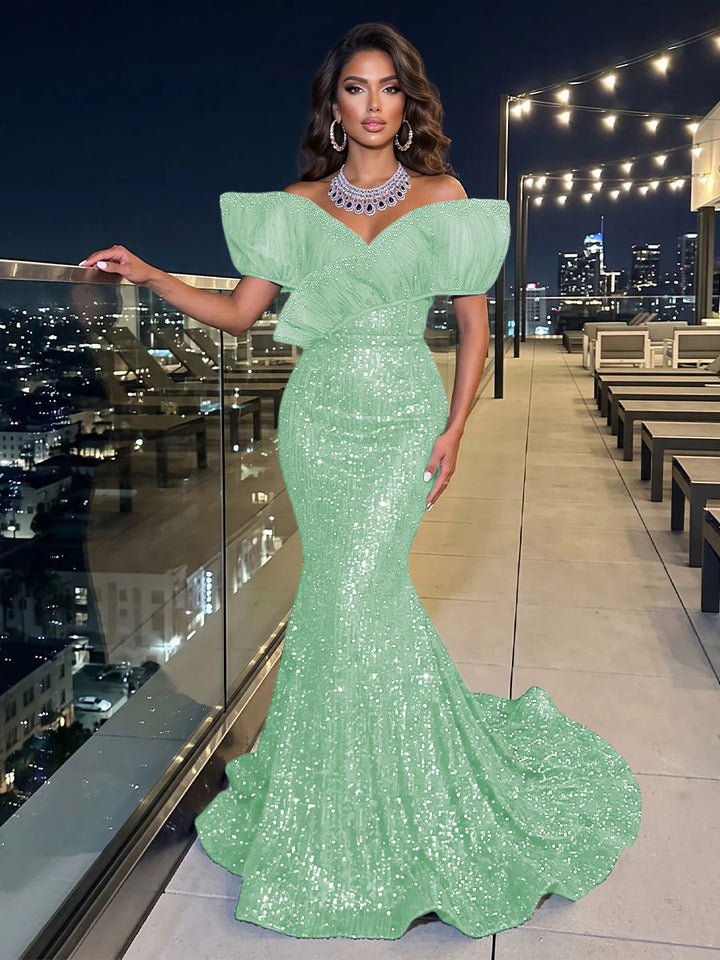 Solid Sequin Organza Mermaid Off the Shoulder Floor Length Sleeveless Ruffled Tulle Evening Dresses