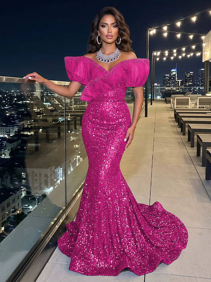 Solid Sequin Organza Mermaid Off the Shoulder Floor Length Sleeveless Ruffled Tulle Evening Dresses