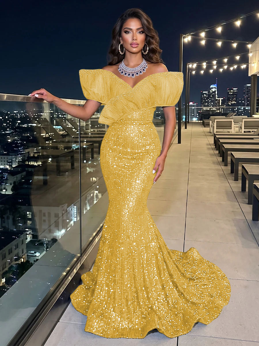 Solid Sequin Organza Mermaid Off the Shoulder Floor Length Sleeveless Ruffled Tulle Evening Dresses