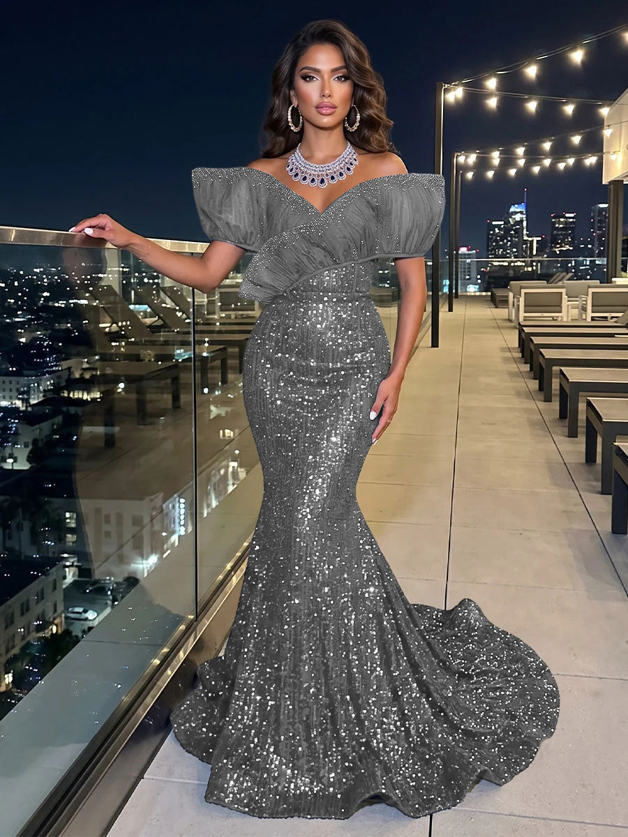 Solid Sequin Organza Mermaid Off the Shoulder Floor Length Sleeveless Ruffled Tulle Evening Dresses