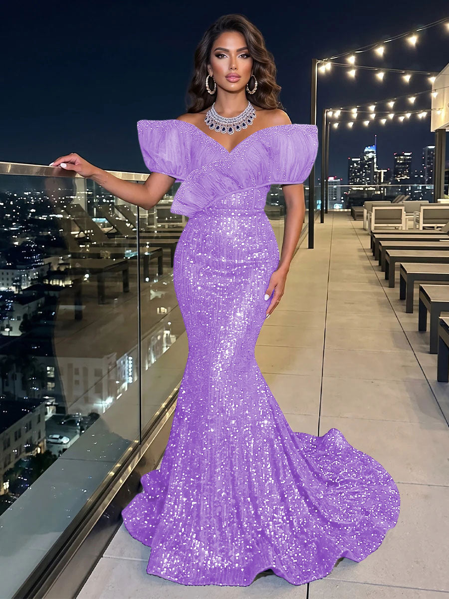Solid Sequin Organza Mermaid Off the Shoulder Floor Length Sleeveless Ruffled Tulle Evening Dresses