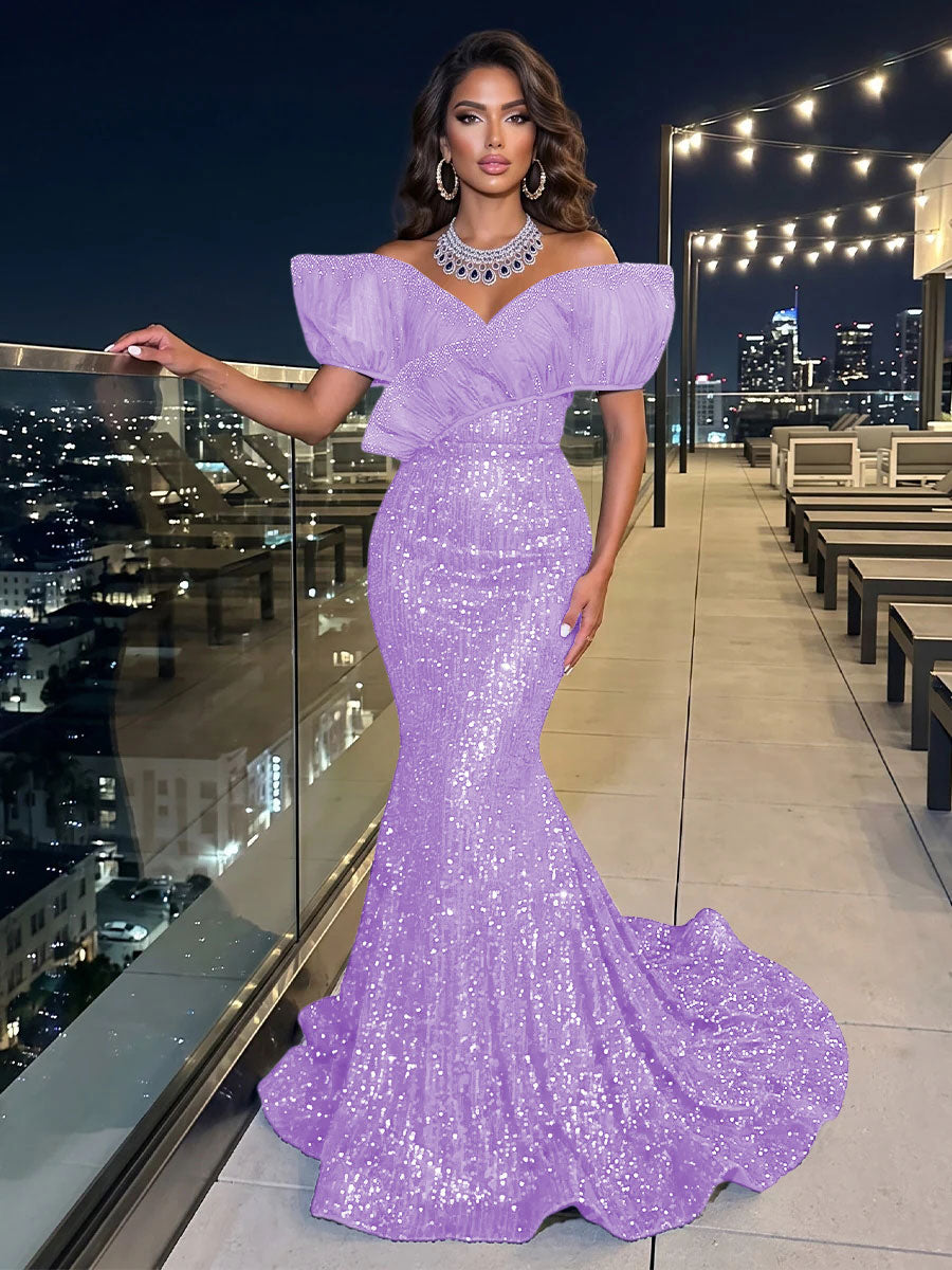 Solid Sequin Organza Mermaid Off the Shoulder Floor Length Sleeveless Ruffled Tulle Evening Dresses