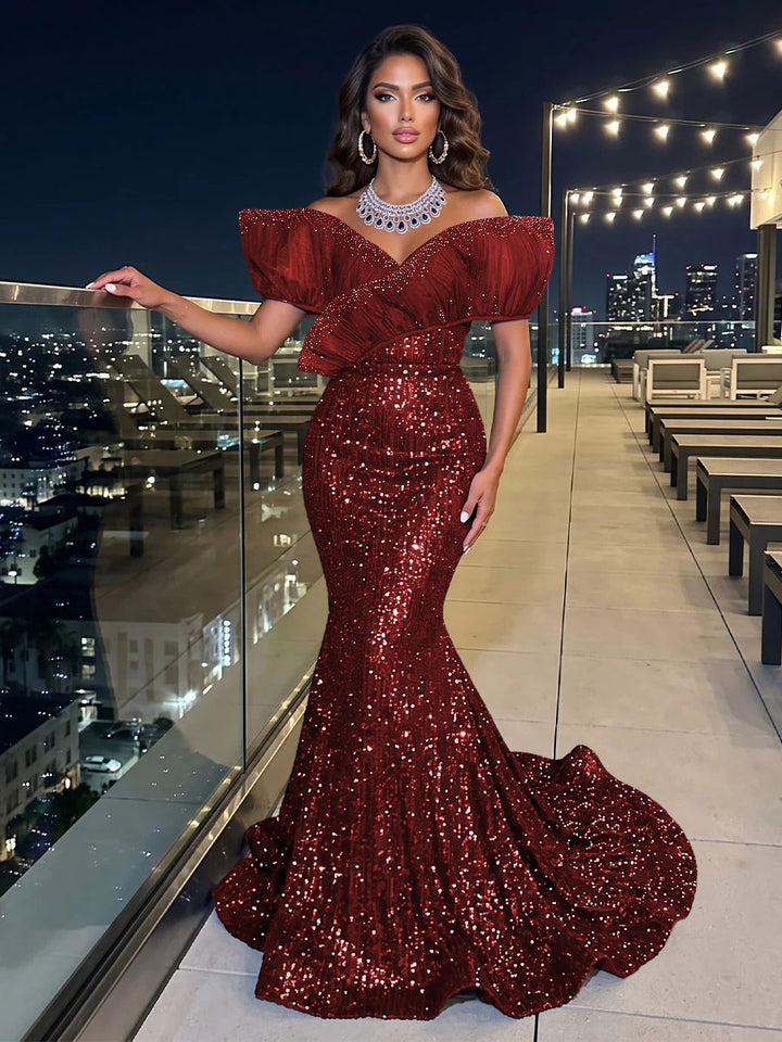 Solid Sequin Organza Mermaid Off the Shoulder Floor Length Sleeveless Ruffled Tulle Evening Dresses