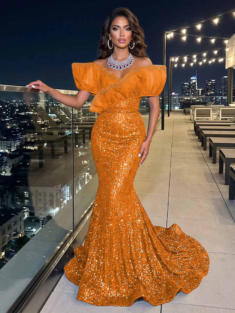Solid Sequin Organza Mermaid Off the Shoulder Floor Length Sleeveless Ruffled Tulle Evening Dresses