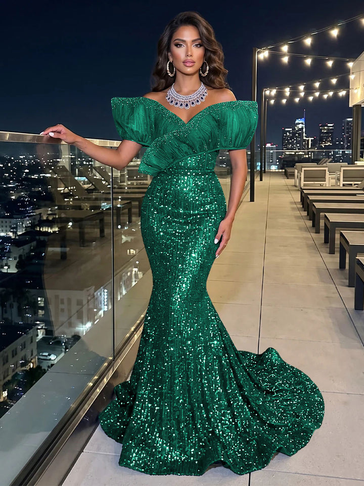 Solid Sequin Organza Mermaid Off the Shoulder Floor Length Sleeveless Ruffled Tulle Evening Dresses