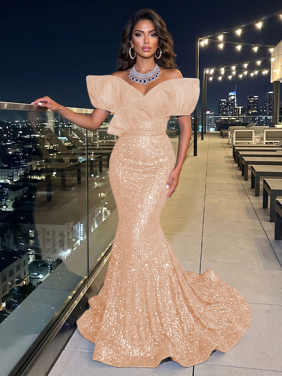 Solid Sequin Organza Mermaid Off the Shoulder Floor Length Sleeveless Ruffled Tulle Evening Dresses