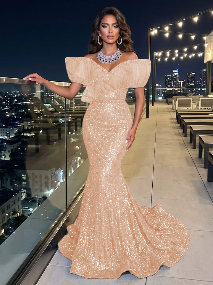 Solid Sequin Organza Mermaid Off the Shoulder Floor Length Sleeveless Ruffled Tulle Evening Dresses