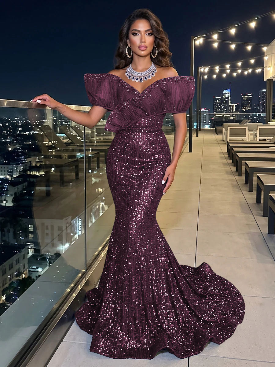 Solid Sequin Organza Mermaid Off the Shoulder Floor Length Sleeveless Ruffled Tulle Evening Dresses