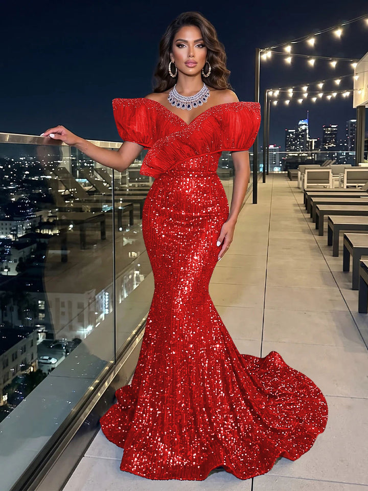 Solid Sequin Organza Mermaid Off the Shoulder Floor Length Sleeveless Ruffled Tulle Evening Dresses