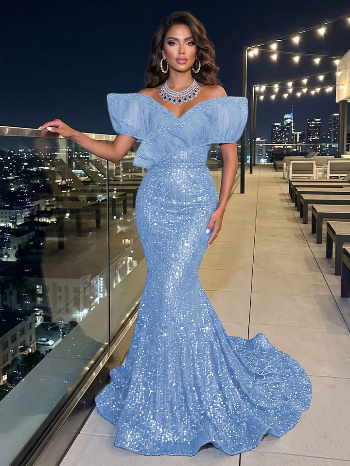 Solid Sequin Organza Mermaid Off the Shoulder Floor Length Sleeveless Ruffled Tulle Evening Dresses
