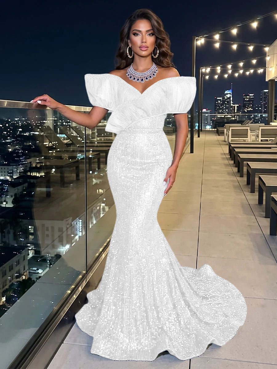 Solid Sequin Organza Mermaid Off the Shoulder Floor Length Sleeveless Ruffled Tulle Evening Dresses