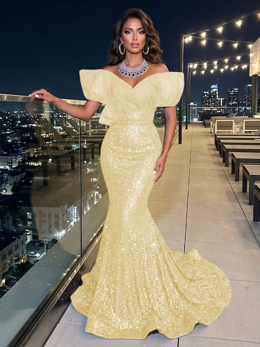 Solid Sequin Organza Mermaid Off the Shoulder Floor Length Sleeveless Ruffled Tulle Evening Dresses