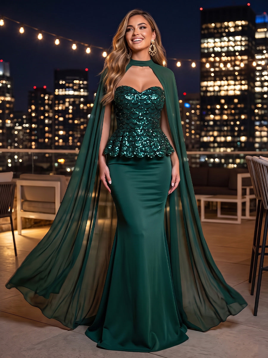 Mermaid Peplum Bodice Solid Sequin Satin Sweetheart Floor Length Sleeveless Evening Dresses with Cape
