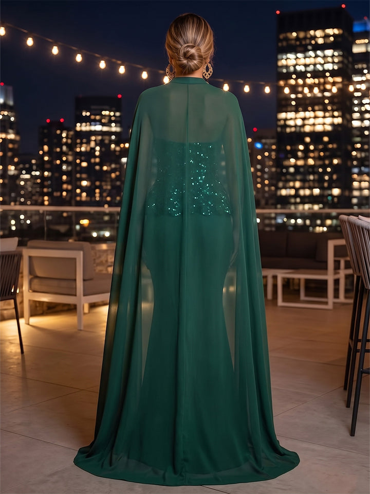 Mermaid Peplum Bodice Solid Sequin Satin Sweetheart Floor Length Sleeveless Evening Dresses with Cape