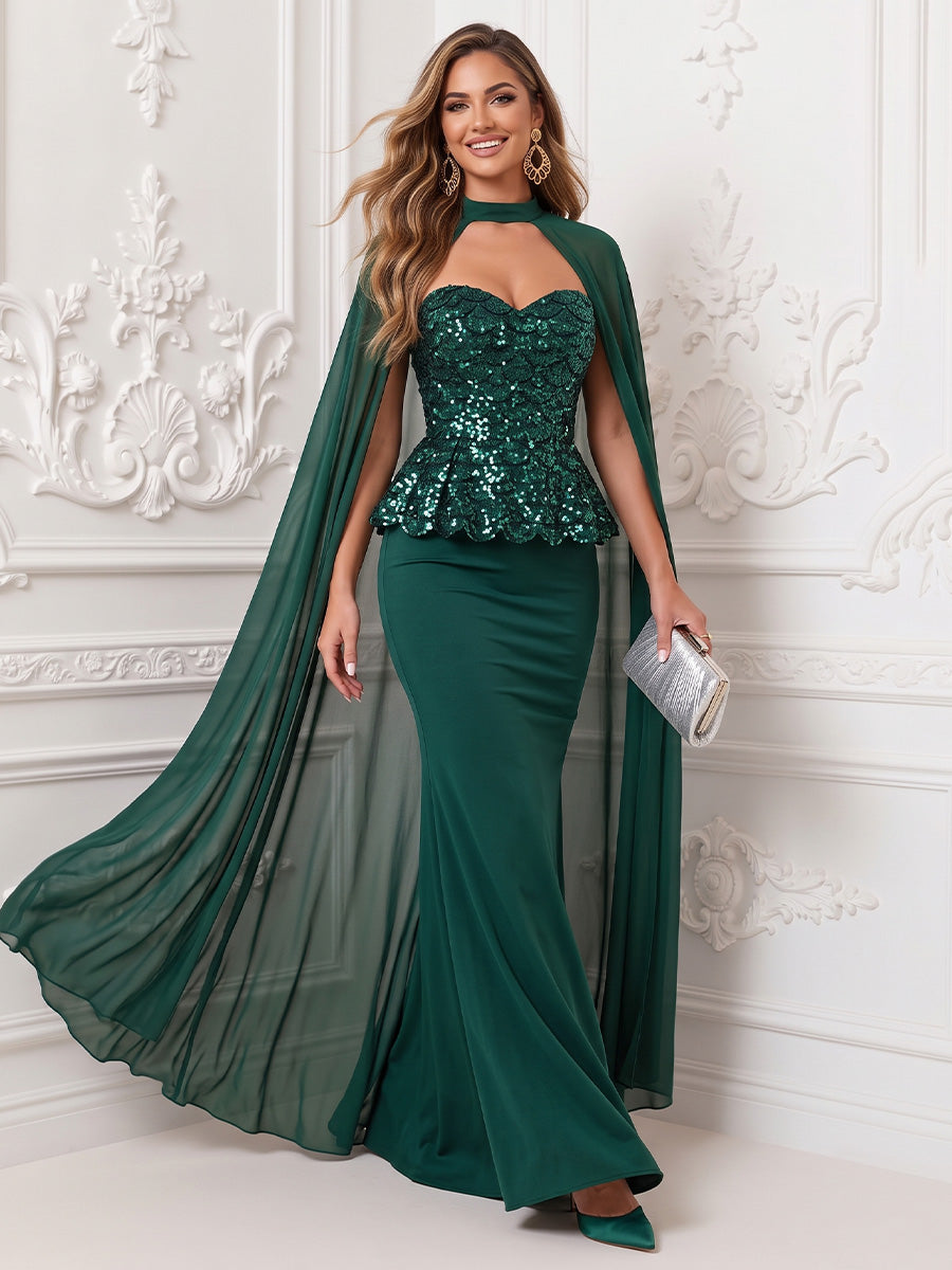 Mermaid Peplum Bodice Solid Sequin Satin Sweetheart Floor Length Sleeveless Evening Dresses with Cape