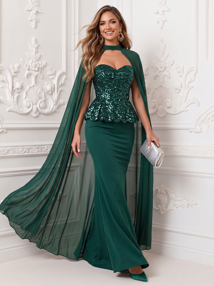 Mermaid Peplum Bodice Solid Sequin Satin Sweetheart Floor Length Sleeveless Evening Dresses with Cape